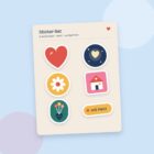 Stickerbogen mit sechs illustrierten Aufklebern: Herz, Herzmond, Blume, Haus, Blumenstrauß und „mit Herz“