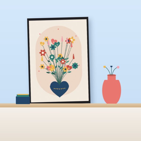 Kunstdruck Herzgarten im schwarzen Rahmen auf einem Sideboard