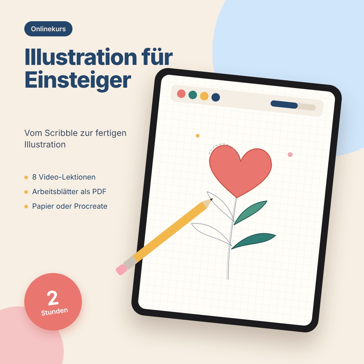 Onlinekurs Illustration für Einsteiger Kursbild Onlinekurs Illustration für Einsteiger, 2 Stunden, Tablet mit Blumenskizze