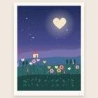 Motiv der Original-Illustration Nachtgarten: Sternenhimmel, Herzmond, kleines Haus und Blumen