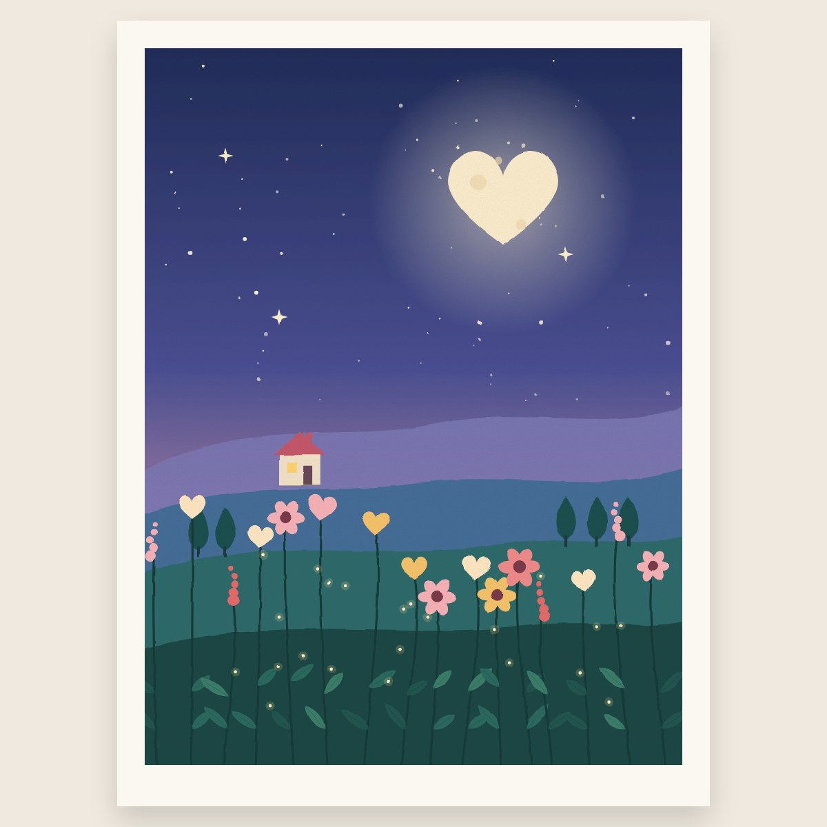 Motiv der Original-Illustration Nachtgarten: Sternenhimmel, Herzmond, kleines Haus und Blumen