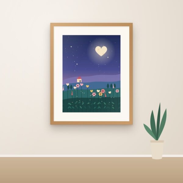 Gerahmte Original-Illustration: herzförmiger Mond über Hügeln mit Blumenwiese bei Nacht