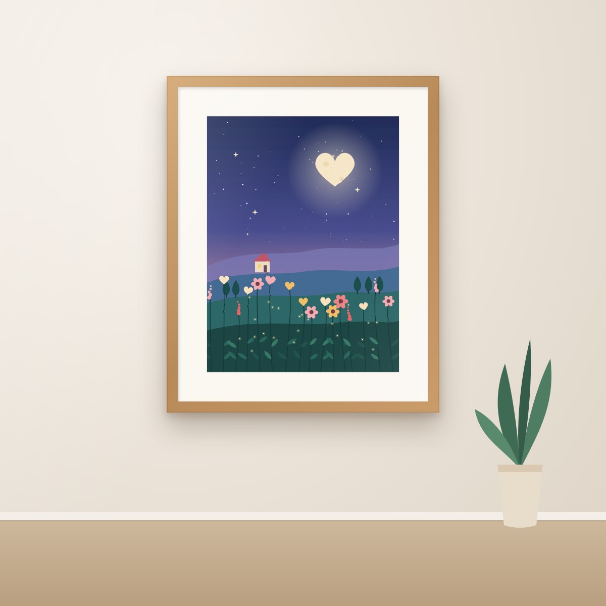 Original-Illustration Nachtgarten im Eichenrahmen Gerahmte Original-Illustration: herzförmiger Mond über Hügeln mit Blumenwiese bei Nacht