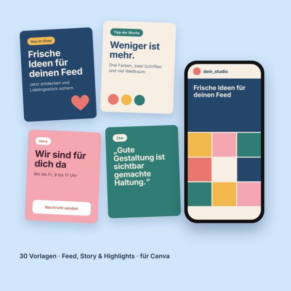 Beispiele der Social-Media-Vorlagen als Feed-Posts und Story auf einem Smartphone
